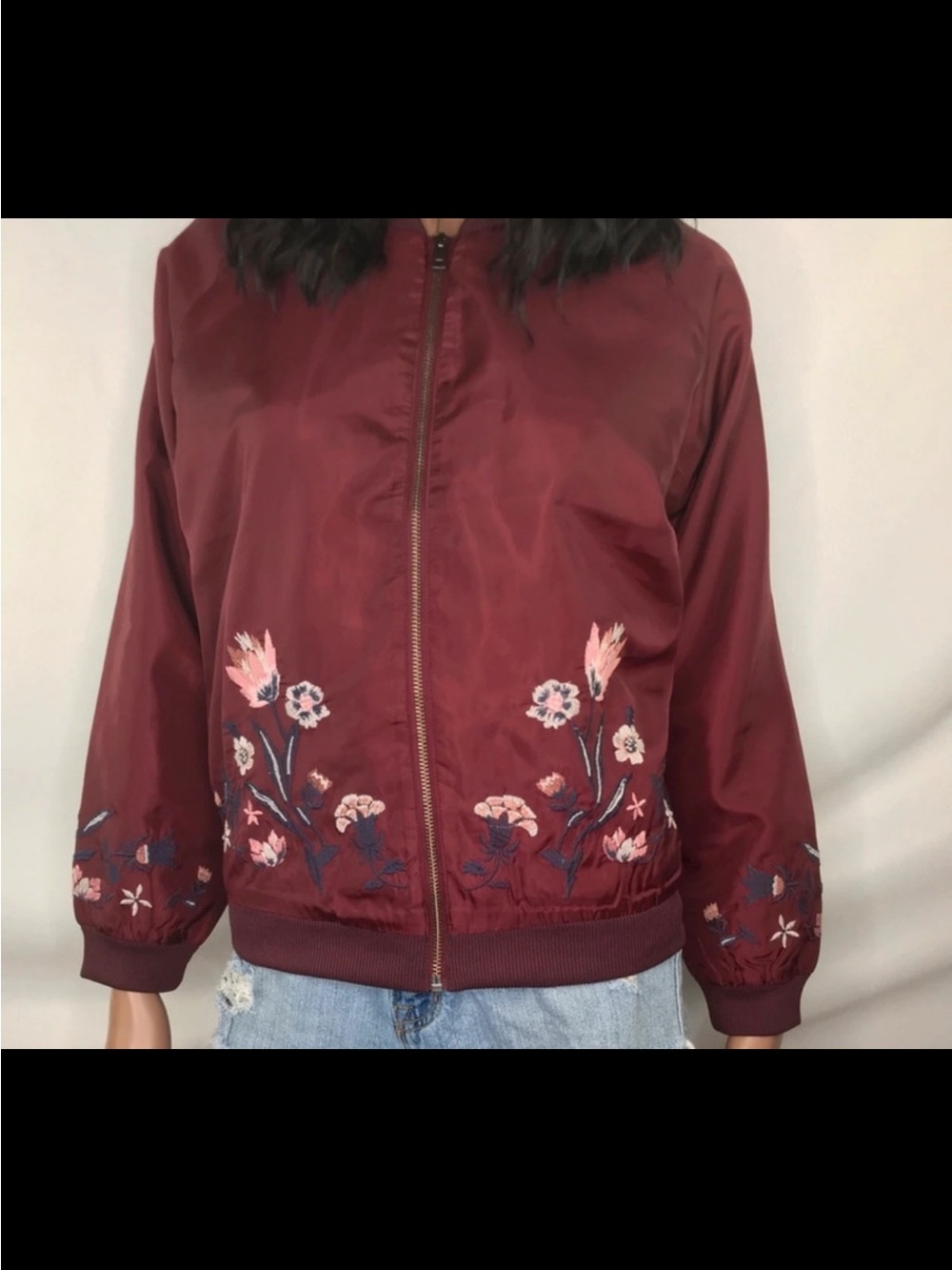 *NEW LOVE FIRE MAROON FLORAL CROCHETED BOMBER JACKET SIZE LARGE